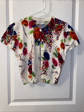 Ronni Nicole White Floral Button-Front Short Sleeve Blouse with Multicolor Print